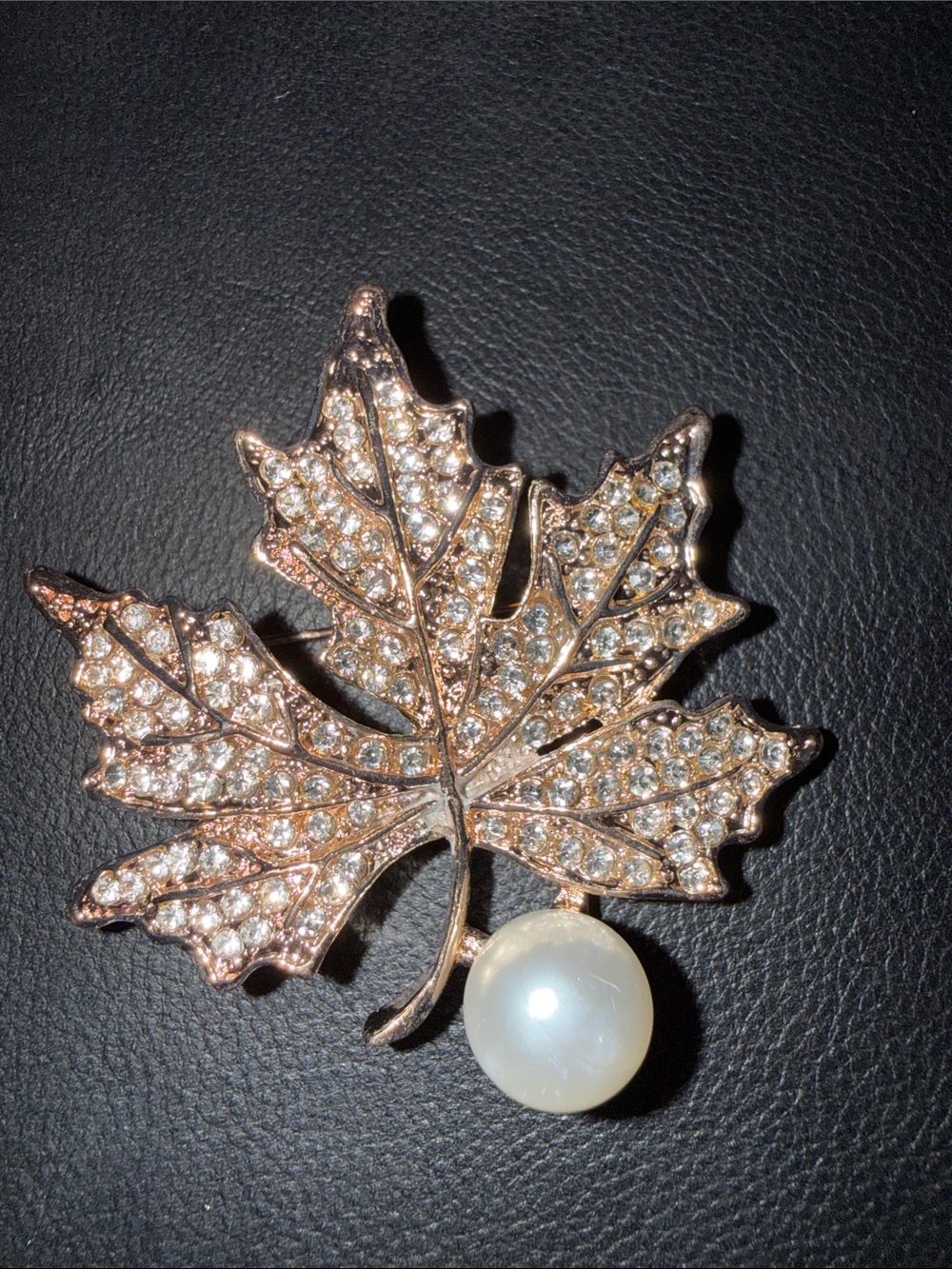 Pearl-Accented Rose Gold Maple Leaf Brooch